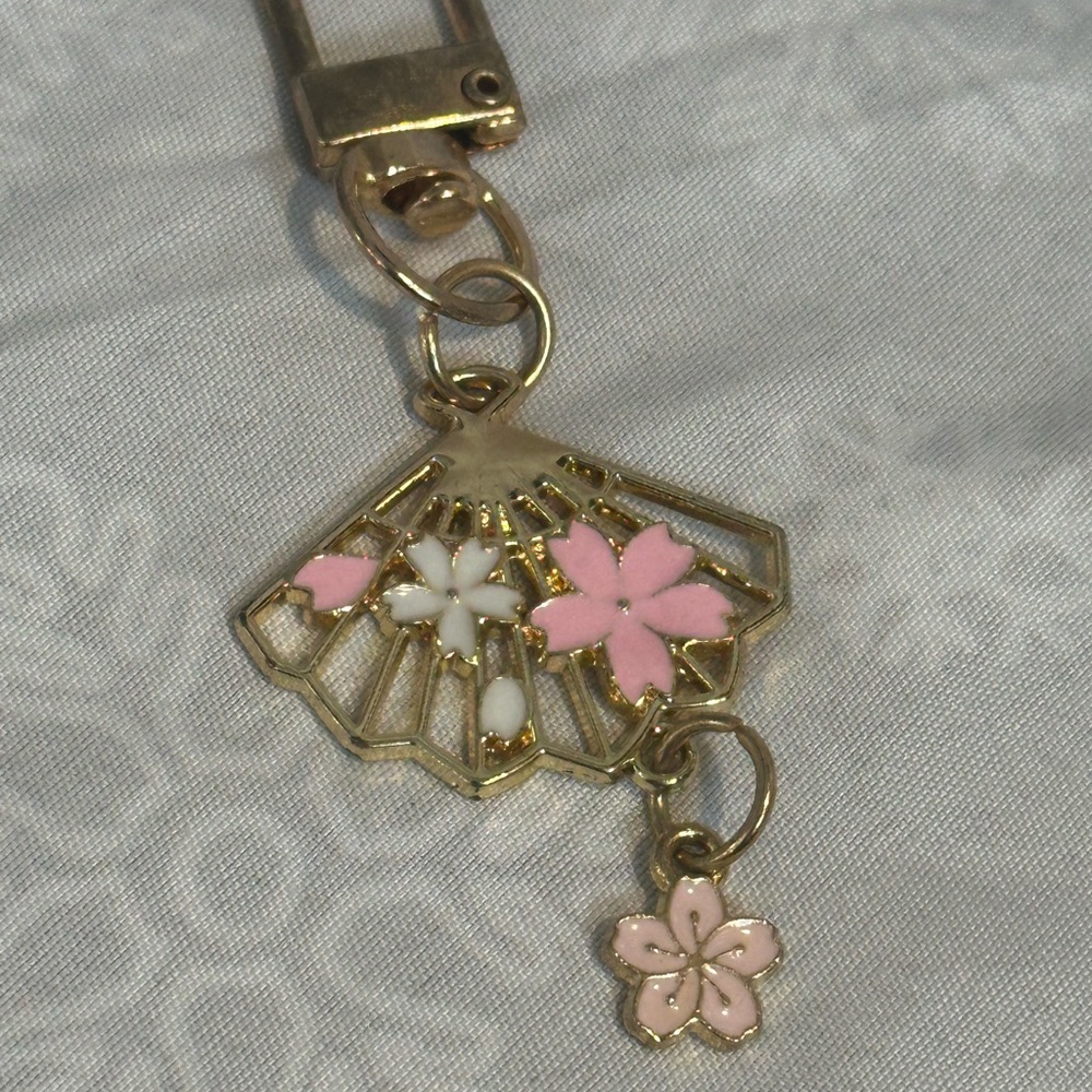 Gold and Pink Cherry Blossom Fan Keychain Bag Charm NWOT